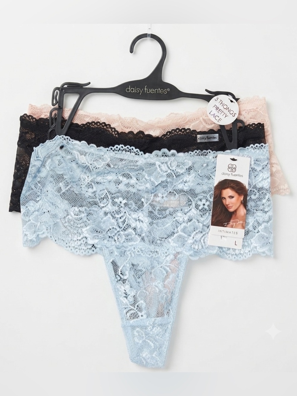 Daisy Fuentes Lace Panty Trio - Black, Light Blue, Pink